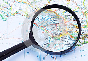 Magnifying glass over Napoli, Italy map