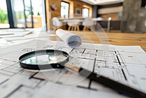 A magnifying glass over some house plans of a house. architecture concept