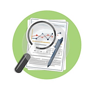 Magnifying glass, pen and chart