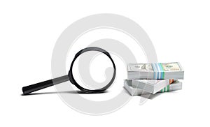 Magnifying glass and a pile of money. Concept of fundraising, attracting investments. Loan to paycheck, urgent loans.