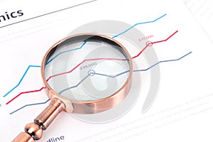 A magnifying glass is placed on a financial document