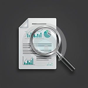A magnifying glass is placed over a document with bar graphs, line graphs, and a pie
