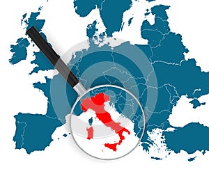 Magnifying glass pointing at Italy map
