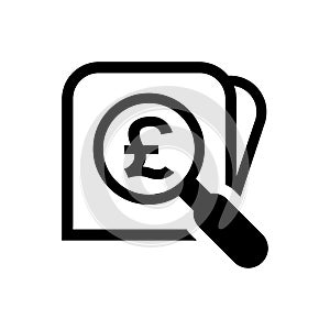 Magnifying glass with pound currency money for icon search, pound coin with magnifying glass for button app, research icon black