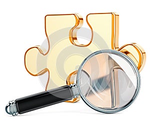 Magnifying glass with puzzle, analysis and search concept. 3D re