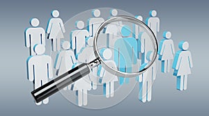 Magnifying glass recruiting people illustration 3D rendering