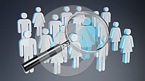 Magnifying glass recruiting people illustration 3D rendering