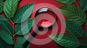 Magnifying glass on red background framed with green leaves