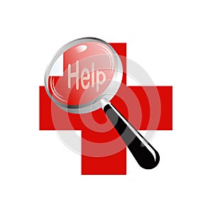 Magnifying glass a red cross help