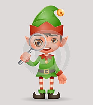 Magnifying glass search christmas elf boy santa claus helper new year 3d cartoon design vector illustration