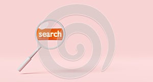 Magnifying glass with search label tag isolated on pink background ,minimal web search engine or web browsing concept,3d