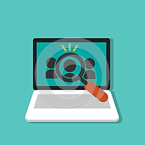 Magnifying glass searching a person. Human resource symbol on laptop, computer symbol flat cartoon design