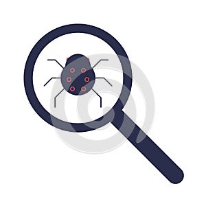 Magnifying glass searching for viruses, malware, software bugs