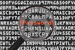 magnifying glass searching the word password on dark black computer screen with program code hacker password security malware
