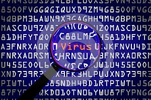 Magnifying glass searching the word virus on dark blue computer screen with program code; hacker malware concept; 3D Illustration