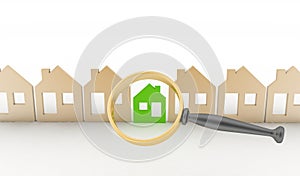 Magnifying glass selects or inspects a eco-home in a row of houses