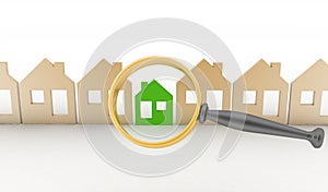 Magnifying glass selects or inspects a eco-home in a row of houses