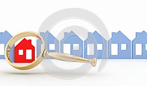 Magnifying glass selects or inspects a home in a row of houses