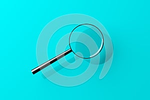 Magnifying glass with shadow on blue cyan background - minimal information search, find or exploration concept