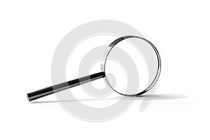 Magnifying glass with shadow standing on white background - minimal information search, find or exploration concept