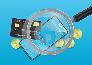 magnifying glass shining at Smartphones,credit cards,and coins scattered around