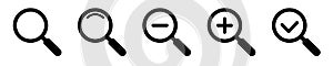 Magnifying glass simple icon collection. Search icon set, zoom in and zoom out icons. Magnifier or loupe with check mark sign.