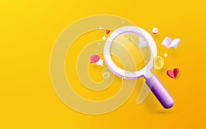 A magnifying glass with social media element icons on yellow background. Data Analysis concept. Vector illustration