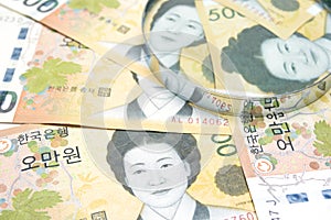 Magnifying Glass on South Korean won currency