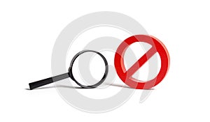 Magnifying glass and symbol NO on an isolated background. search and inability to find. No search results. Find the information photo