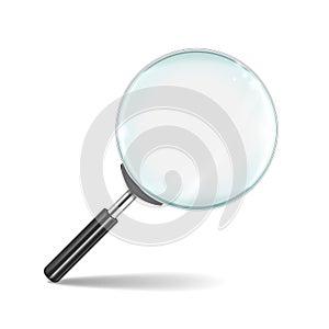 Magnifying glass. Transparent realistic zoom lens isolated on white background. Vector 3D loupe tool, research concept