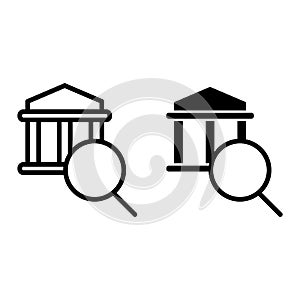 Magnifying glass and university line and glyph icon. College buildind and lens vector illustration isolated on white