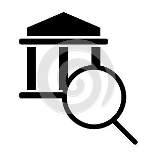 Magnifying glass and university solid icon. College buildind and lens vector illustration isolated on white. University