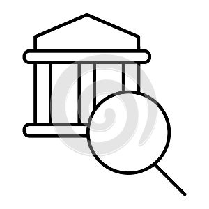 Magnifying glass and university thin line icon. College buildind and lens vector illustration isolated on white