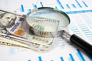 Magnifying glass with US dollar banknotes on charts graphs paper. Financial development, Banking Account, Statistics, Investment