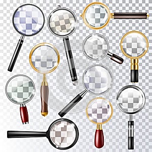 Magnifying glass vector magnification zoom or search and magnify research lens icon illustration set of magnified