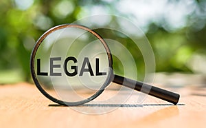 Magnifying glass with word LEGAL on a wooden table over blurred green tree background