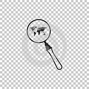 Magnifying glass with world map icon isolated on transparent background. Analyzing the world. Global search sign