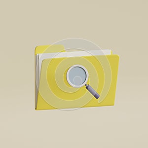 Magnifying glass and yellow folder with files. Concept of searching document. 3d render illustration