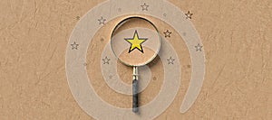 Magnifying glass with a yellow star mark as symbol for finding a solution  - 3d illustration