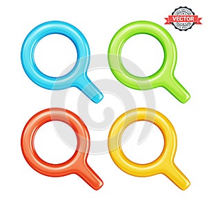 Magnifying glasses or loupes icons set. Glossy colored magnifier icons isolated on white background
