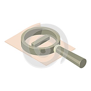 Magnifying icon isometric vector. Sheet of paper and magnifying glass with minus
