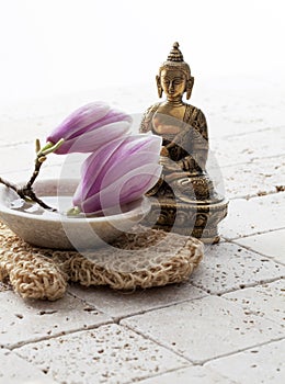 Magnolia blossoms next to Buddha on mineral background