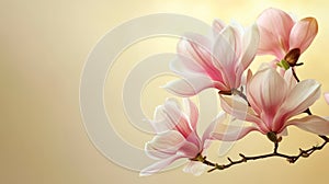 Magnolia branch with blooming pink flowers on soft pastel yellow background with copy space