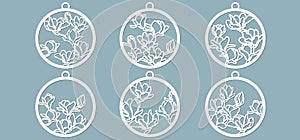 Magnolia buds in the form of pendants. Laser cutting. Craft paper for decoration. Plotter, screen printing