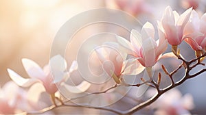 Magnolia flower background closeup with soft focus and sunlight, photo by Generative AI