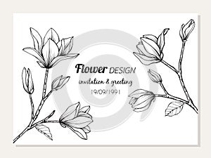 Magnolia flower and leaves frame drawing illustration for invitation and greeting card design.