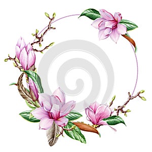 Magnolia flower round frame. Tender pink magnolia flower decoration. Watercolor illustration. Elegant wreath of spring