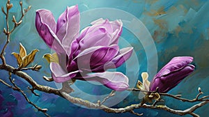 Magnolia flowers on a branch. Painting with flower paints