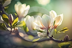 Magnolia tree bloom in springtime. Beautiful spring bloom for magnolia trees pink flowers. generative ai