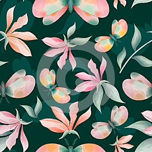 Magnolia flowers and moths seamless pattern